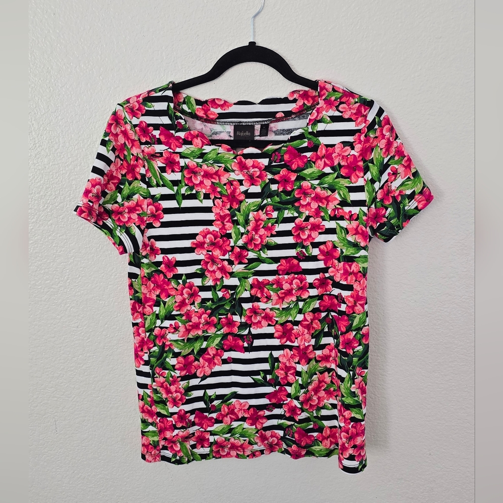 Rafaella Floral Stripe Tee w/ Scalloped Neck